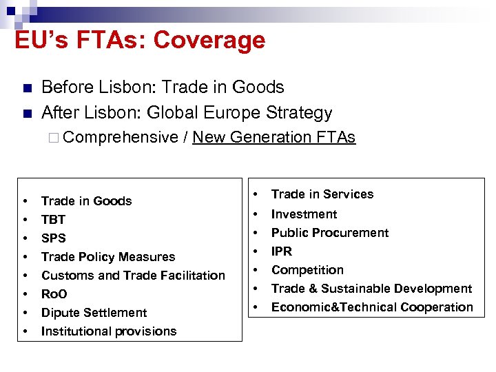 EU’s FTAs: Coverage n n Before Lisbon: Trade in Goods After Lisbon: Global Europe