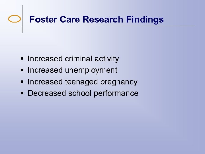 Foster Care Research Findings § § Increased criminal activity Increased unemployment Increased teenaged pregnancy