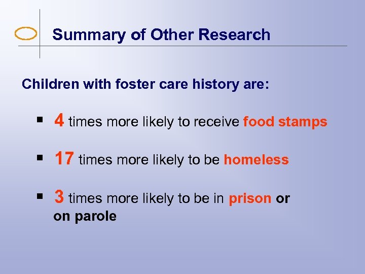 Summary of Other Research Children with foster care history are: § 4 times more