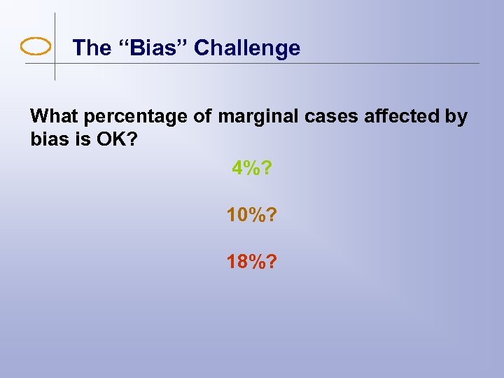 The “Bias” Challenge What percentage of marginal cases affected by bias is OK? 4%?