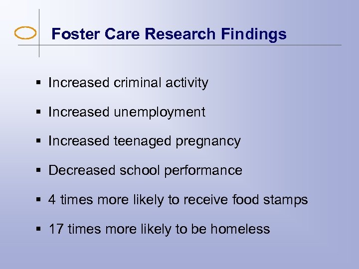 Foster Care Research Findings § Increased criminal activity § Increased unemployment § Increased teenaged
