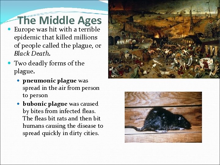 The Middle Ages Europe was hit with a terrible epidemic that killed millions of