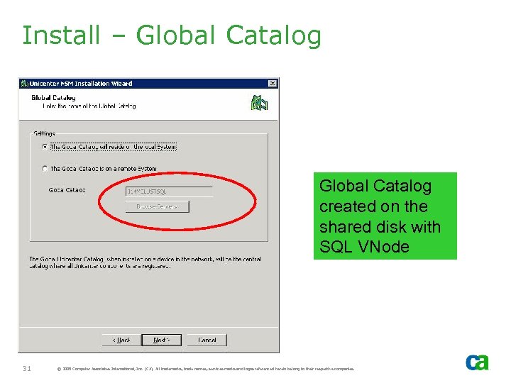 Install – Global Catalog created on the shared disk with SQL VNode 31 ©