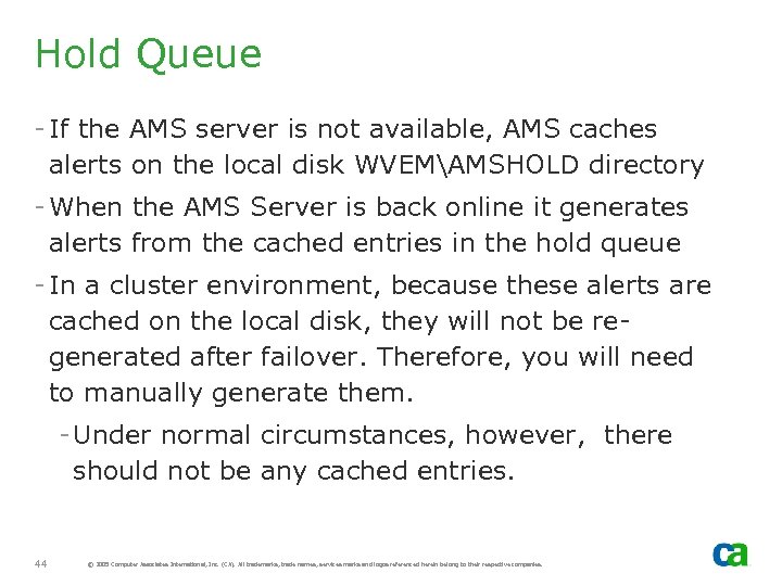 Hold Queue - If the AMS server is not available, AMS caches alerts on