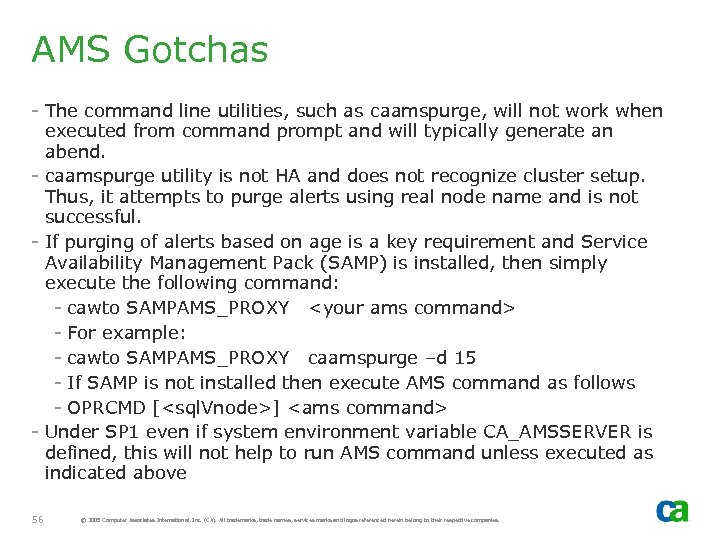 AMS Gotchas - The command line utilities, such as caamspurge, will not work when