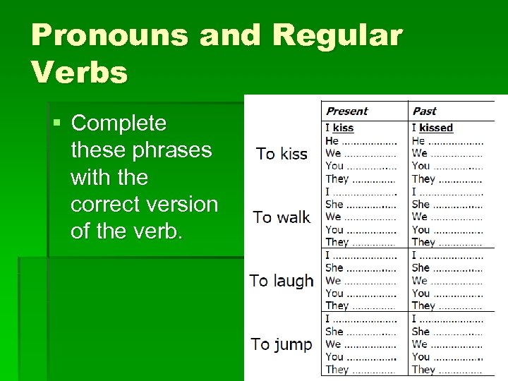 Pronouns and Regular Verbs § Complete these phrases with the correct version of the