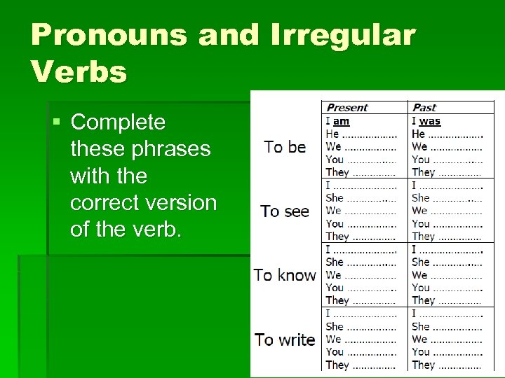 Pronouns and Irregular Verbs § Complete these phrases with the correct version of the