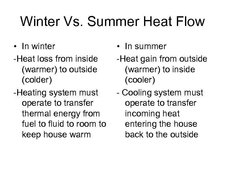 Winter Vs. Summer Heat Flow • In winter -Heat loss from inside (warmer) to