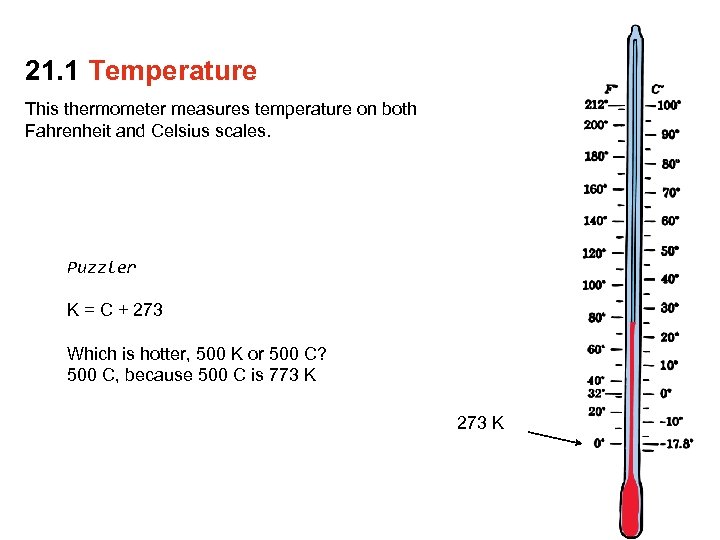 21. 1 Temperature This thermometer measures temperature on both Fahrenheit and Celsius scales. Puzzler