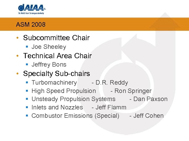 ASM 2008 • Subcommittee Chair § Joe Sheeley • Technical Area Chair § Jeffrey