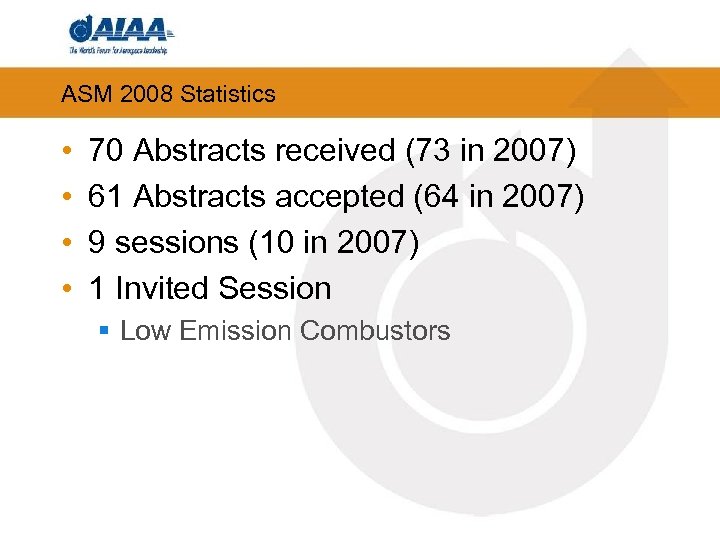 ASM 2008 Statistics • • 70 Abstracts received (73 in 2007) 61 Abstracts accepted
