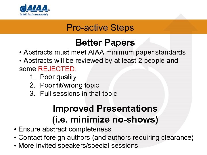 Pro-active Steps Better Papers • Abstracts must meet AIAA minimum paper standards • Abstracts