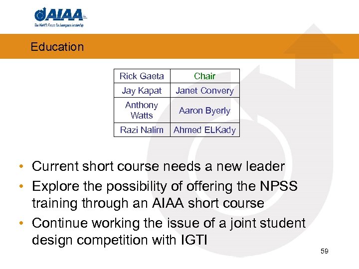 Education Rick Gaeta Chair Jay Kapat Janet Convery Anthony Watts Aaron Byerly Razi Nalim