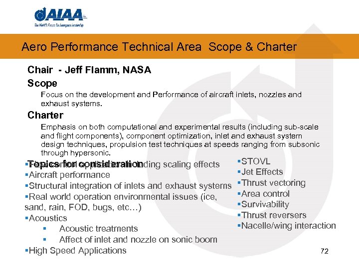 Aero Performance Technical Area Scope & Charter Chair - Jeff Flamm, NASA Scope Focus