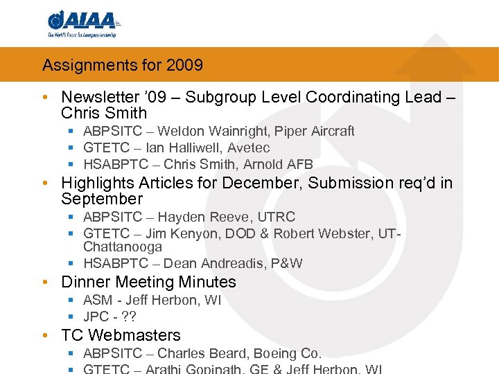 Assignments for 2009 • Newsletter ’ 09 – Subgroup Level Coordinating Lead – Chris