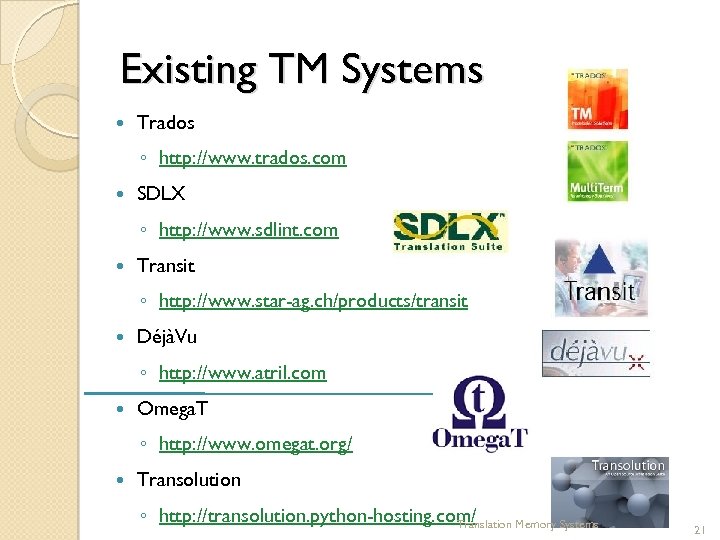 Existing TM Systems Trados ◦ http: //www. trados. com SDLX ◦ http: //www. sdlint.