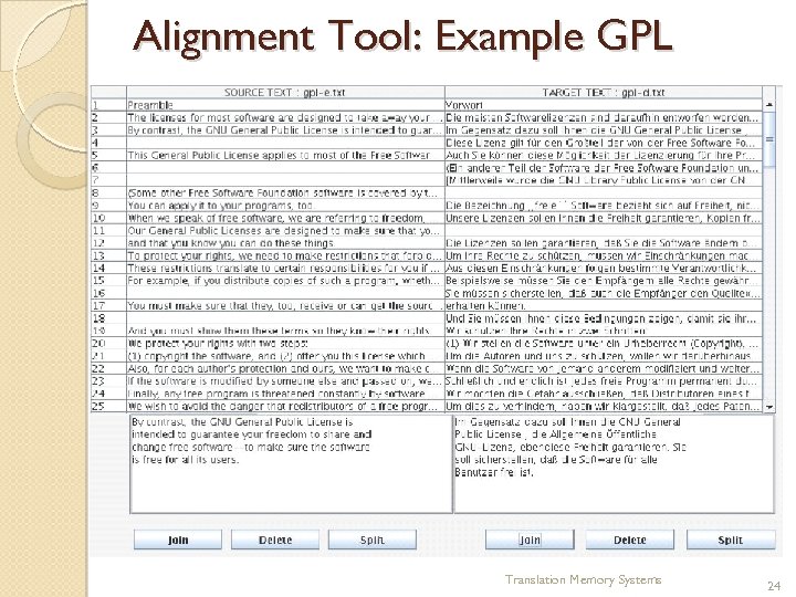 Alignment Tool: Example GPL Translation Memory Systems 24 