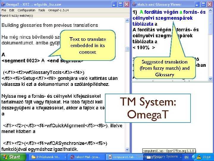 Text to translate embedded in its context Suggested translation (from fuzzy match) and Glossary