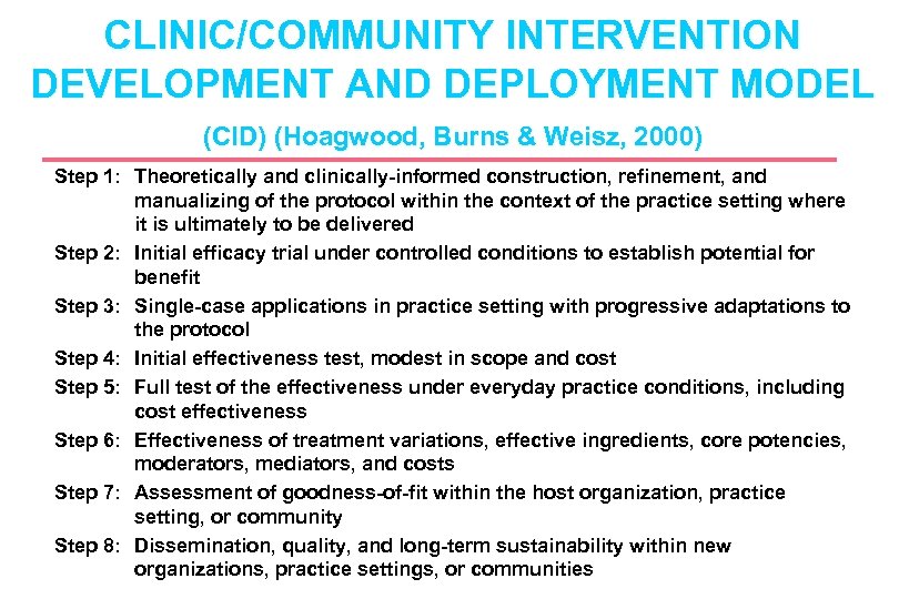 CLINIC/COMMUNITY INTERVENTION DEVELOPMENT AND DEPLOYMENT MODEL (CID) (Hoagwood, Burns & Weisz, 2000) Step 1: