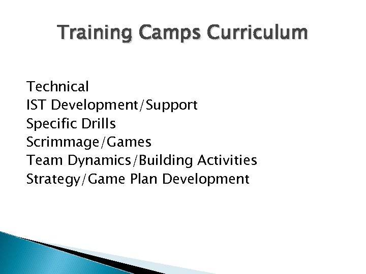 Training Camps Curriculum Technical IST Development/Support Specific Drills Scrimmage/Games Team Dynamics/Building Activities Strategy/Game Plan