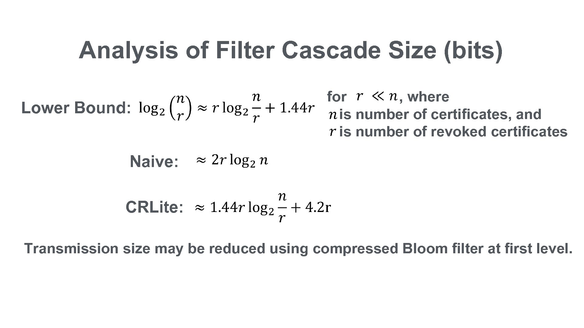 Analysis of Filter Cascade Size (bits) for , where is number of certificates, and