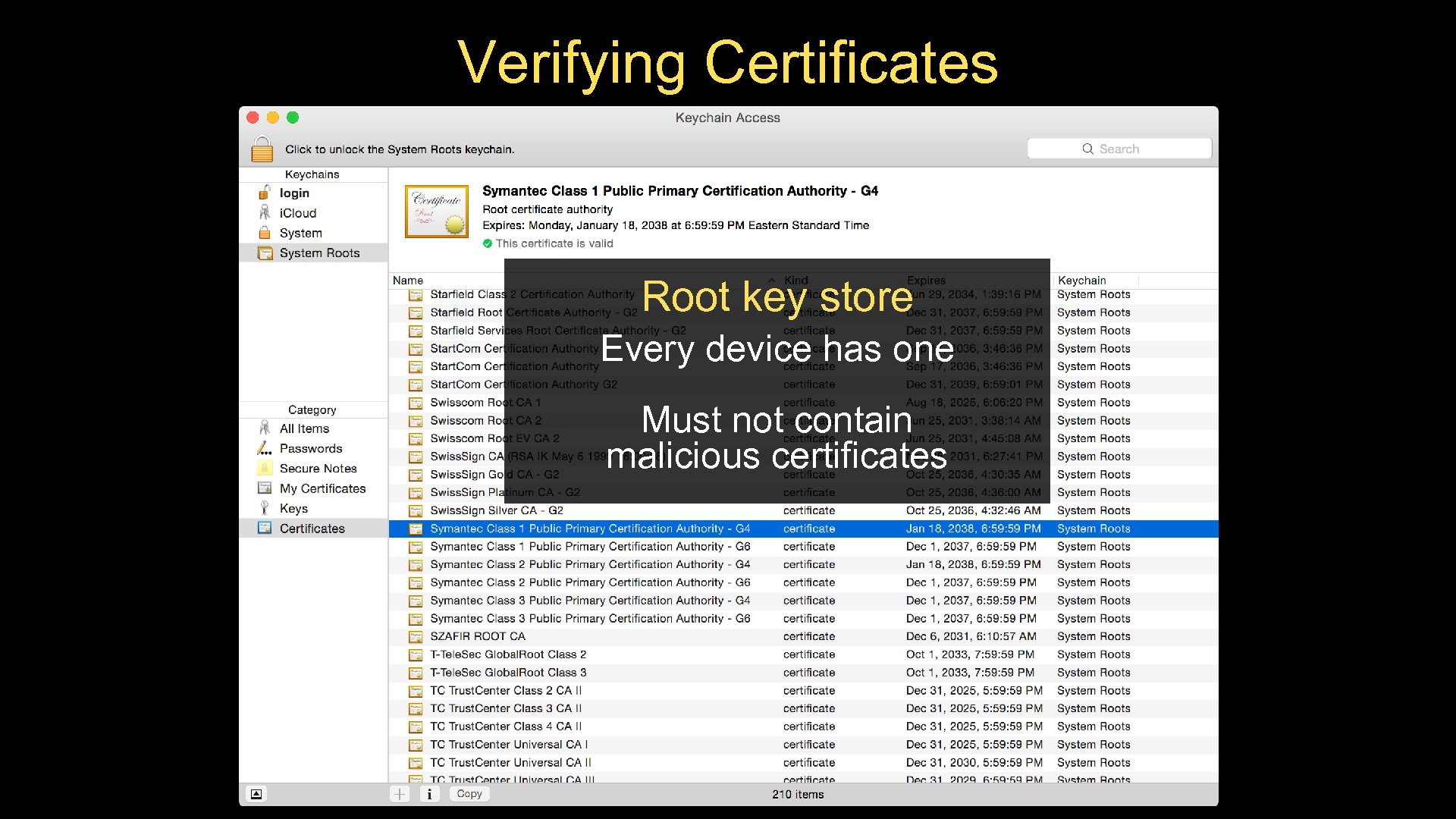 Verifying Certificates ✓ Certificate “I’m because I say so!” Root key store ✓ Every