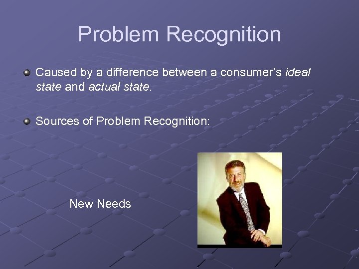 Problem Recognition Caused by a difference between a consumer’s ideal state and actual state.