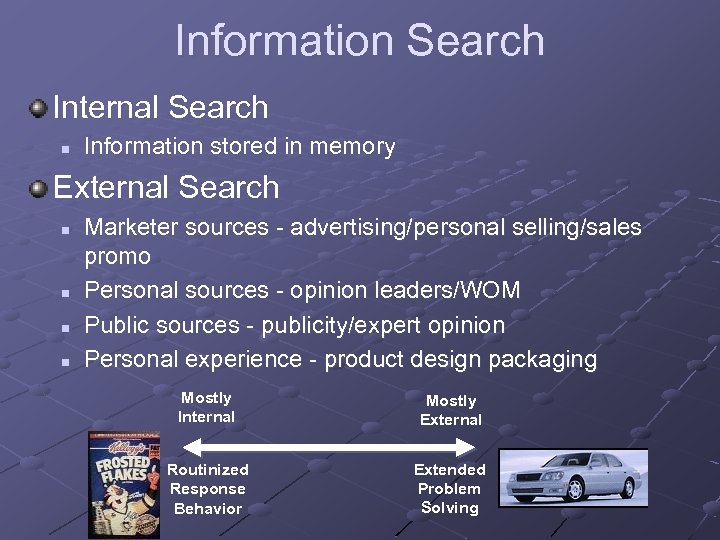 Information Search Internal Search n Information stored in memory External Search n n Marketer