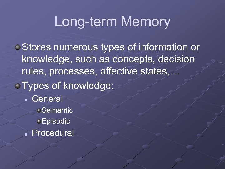 Long-term Memory Stores numerous types of information or knowledge, such as concepts, decision rules,