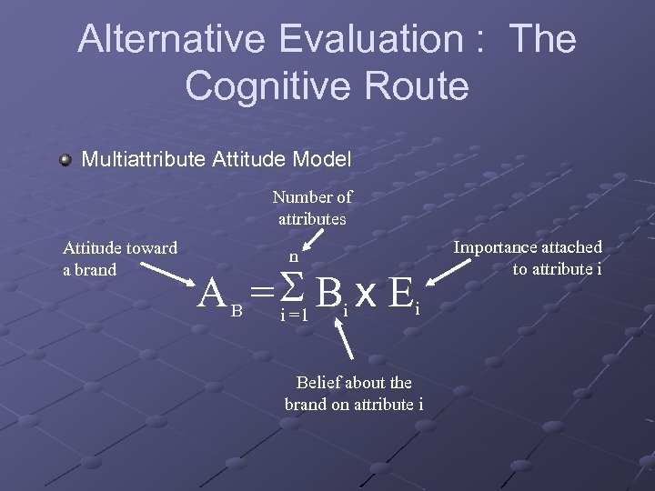 Alternative Evaluation : The Cognitive Route Multiattribute Attitude Model Number of attributes Attitude toward