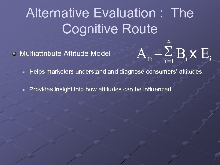 Alternative Evaluation : The Cognitive Route n Multiattribute Attitude Model A B = Bi