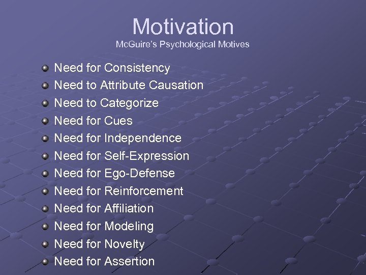 Motivation Mc. Guire’s Psychological Motives Need for Consistency Need to Attribute Causation Need to