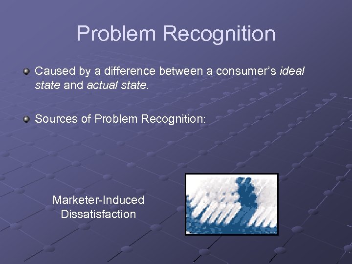 Problem Recognition Caused by a difference between a consumer’s ideal state and actual state.