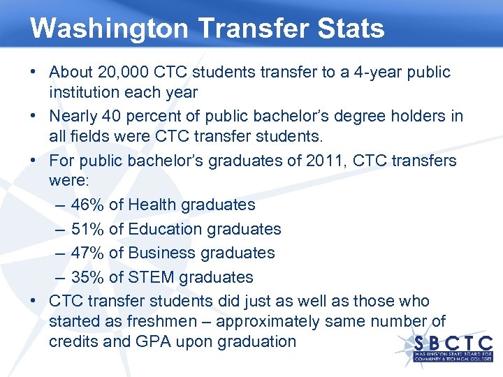 Washington Transfer Stats • About 20, 000 CTC students transfer to a 4 -year