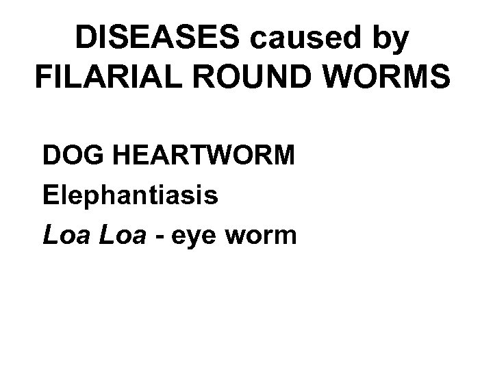 DISEASES caused by FILARIAL ROUND WORMS DOG HEARTWORM Elephantiasis Loa - eye worm 