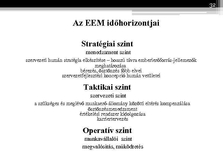 32 Az EEM időhorizontjai Stratégiai szint menedzsment szint szervezeti humán stratégia elkészítése – hosszú