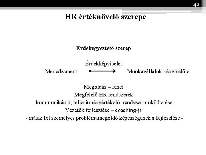 42 HR értéknövelő szerepe Érdekegyeztető szerep Érdekképviselet Menedzsment Munkavállalók képviselője Megoldás – lehet Megfelelő