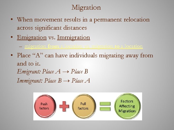 Migration • When movement results in a permanent relocation across significant distances • Emigration