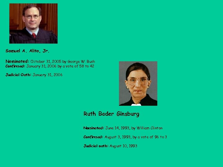 Samuel A. Alito, Jr. Nominated: October 31, 2005 by George W. Bush Confirmed: January