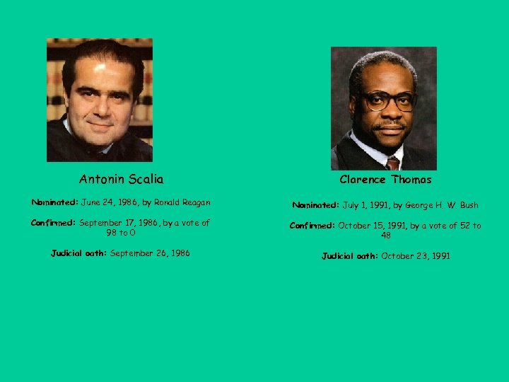 Antonin Scalia Clarence Thomas Nominated: June 24, 1986, by Ronald Reagan Nominated: July 1,