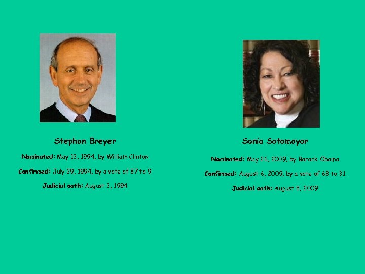 Stephan Breyer Sonia Sotomayor Nominated: May 13, 1994, by William Clinton Nominated: May 26,