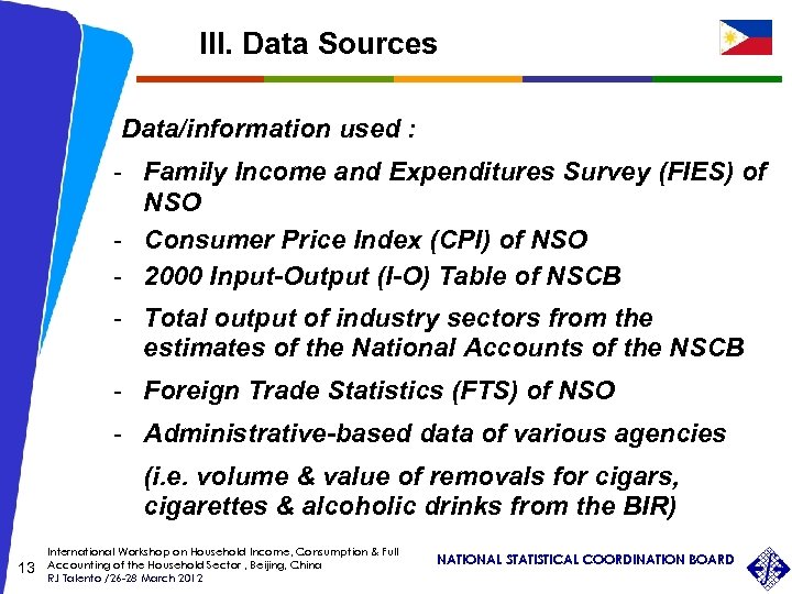 III. Data Sources Data/information used : - Family Income and Expenditures Survey (FIES) of
