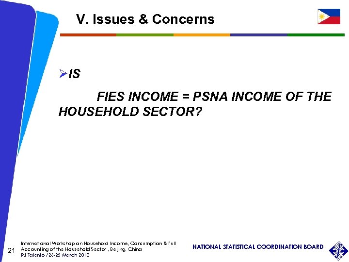 V. Issues & Concerns ØIS FIES INCOME = PSNA INCOME OF THE HOUSEHOLD SECTOR?