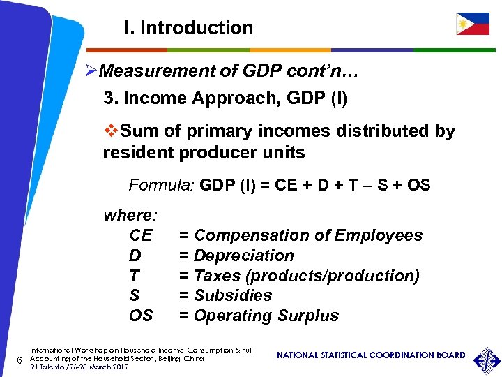 I. Introduction ØMeasurement of GDP cont’n… 3. Income Approach, GDP (I) v. Sum of