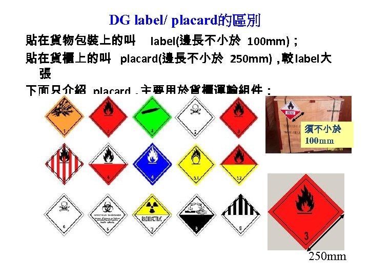 DG label/ placard的區別 貼在貨物包裝上的叫 label(邊長不小於 100 mm)； 貼在貨櫃上的叫 placard(邊長不小於 250 mm)， label大 較 張