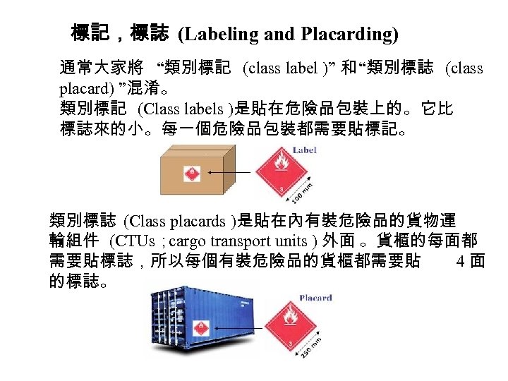 標記，標誌 (Labeling and Placarding) 通常大家將 “類別標記 (class label )” 和 “類別標誌 (class placard) ”混淆。