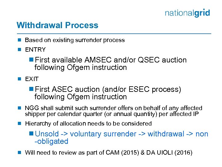 Withdrawal Process ¾ Based on existing surrender process ¾ ENTRY ¾First available AMSEC and/or