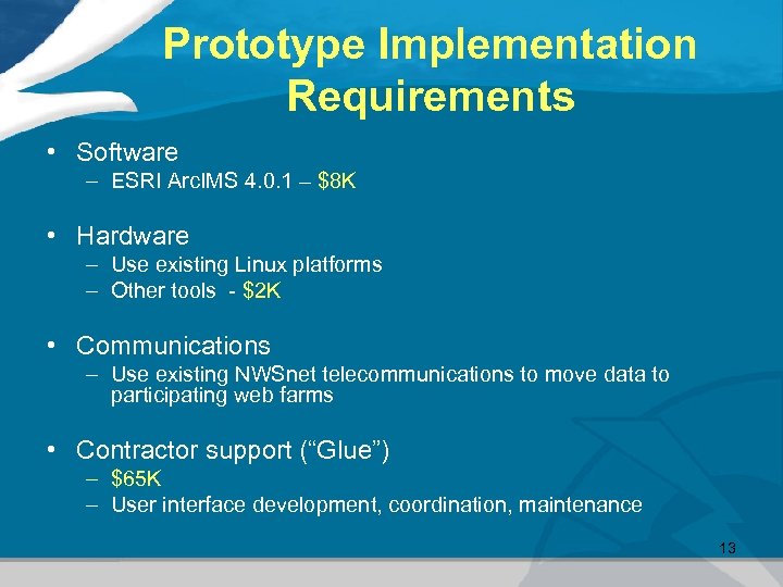 Prototype Implementation Requirements • Software – ESRI Arc. IMS 4. 0. 1 – $8