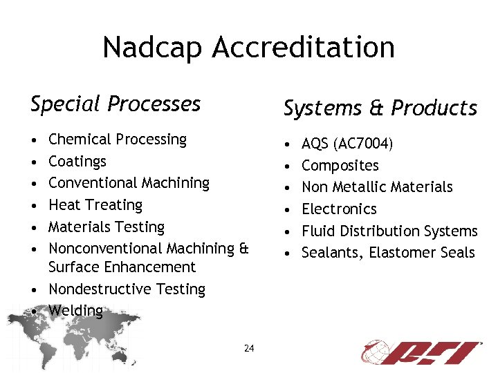 Nadcap Accreditation Special Processes Systems & Products • • • Chemical Processing Coatings Conventional