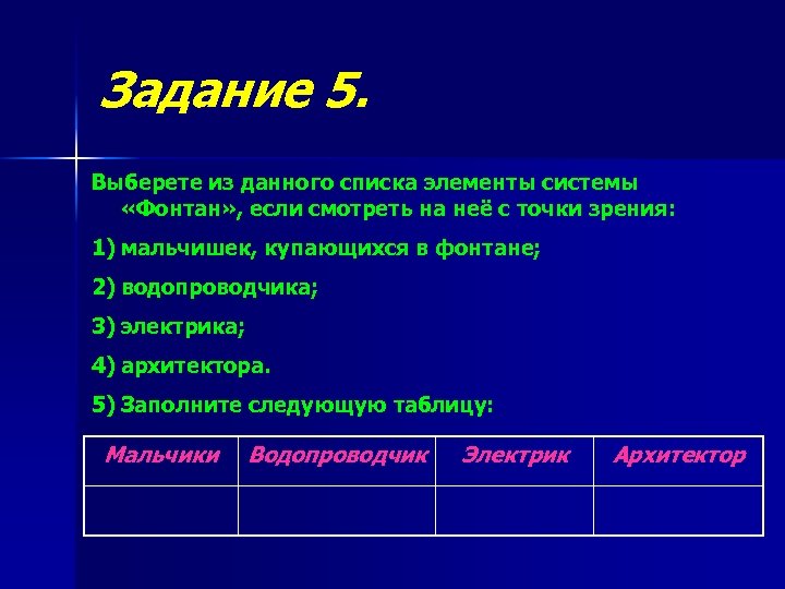 Задание 5. Выберете из данного списка элементы системы «Фонтан» , если смотреть на неё